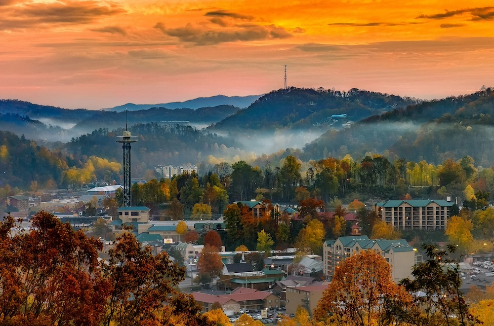 Gatlinburg skyline at sunset during fall